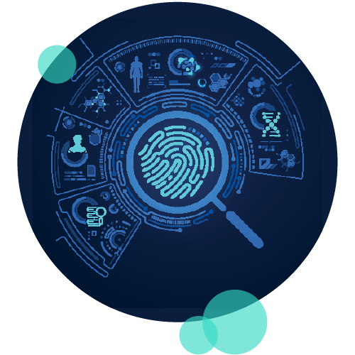 Futuristic digital illustration of a fingerprint under a magnifying glass at the centre of a circular interface, surrounded by biometric, genetic, and technological data visuals, representing identity verification.