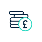 An icon depicting a stack of coins with a pound sterling symbol in front, representing the fines you could receive for peps and sanctions breaches..